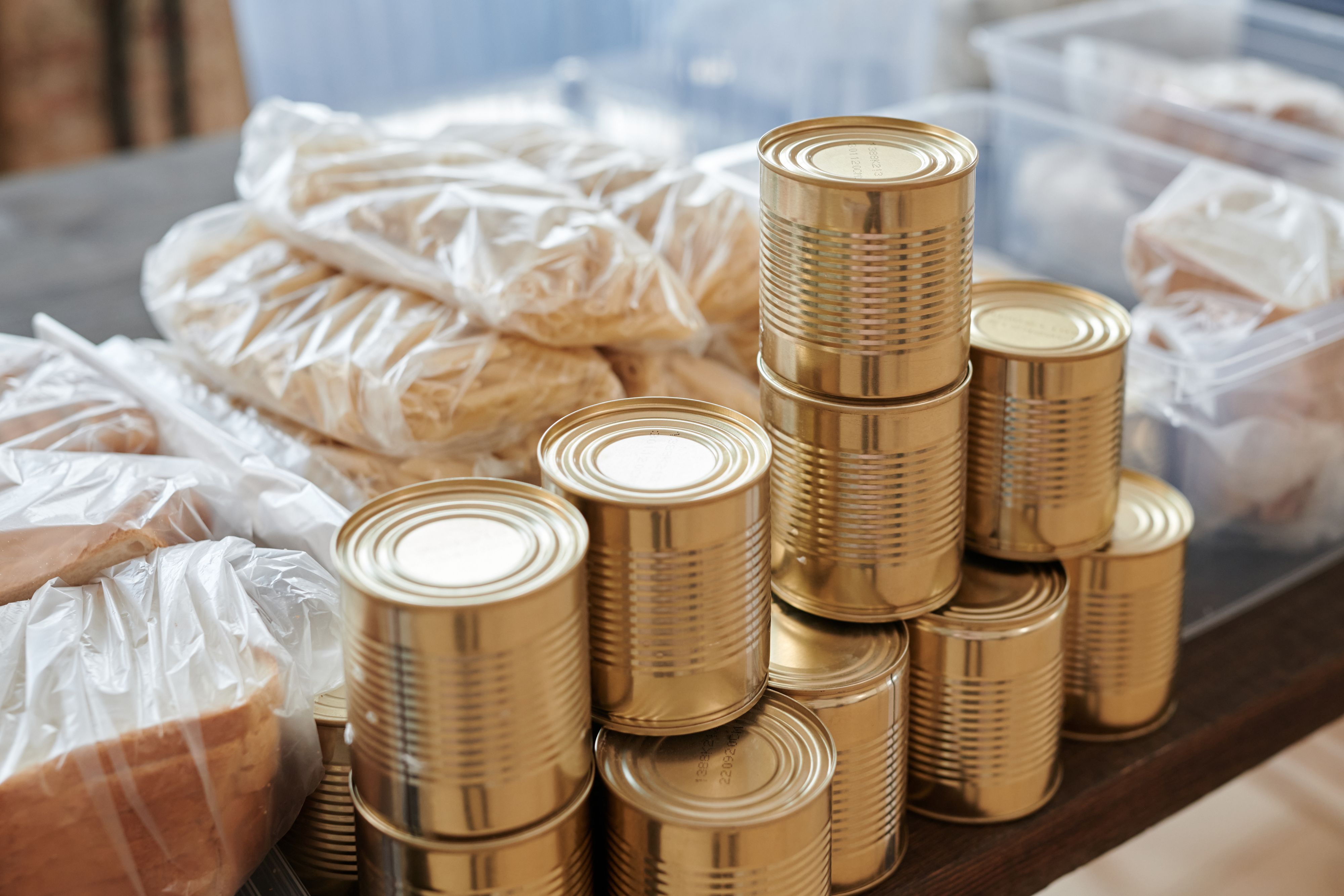 Jars and packets of packaged food
