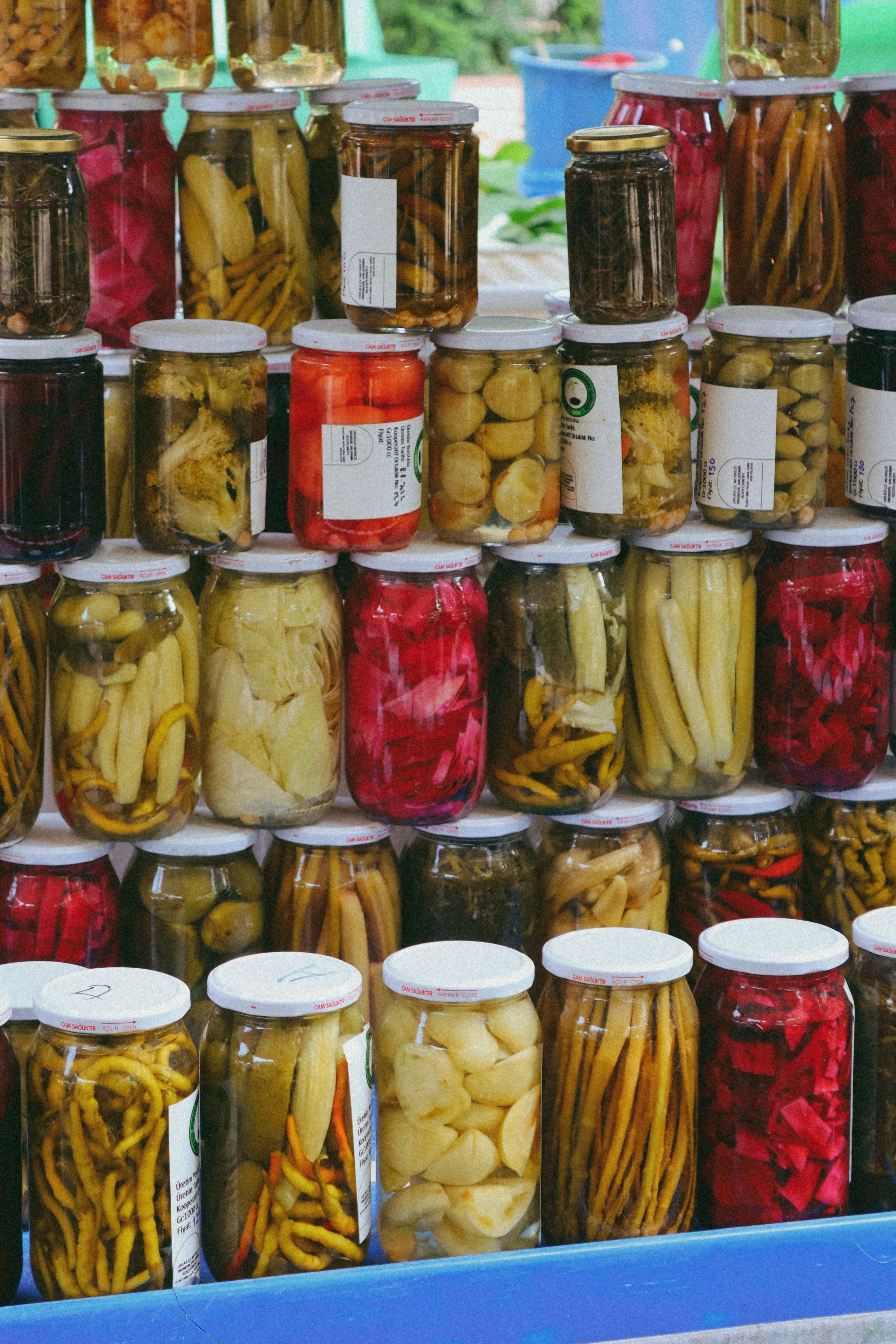 Shelves of homemade pickle jars