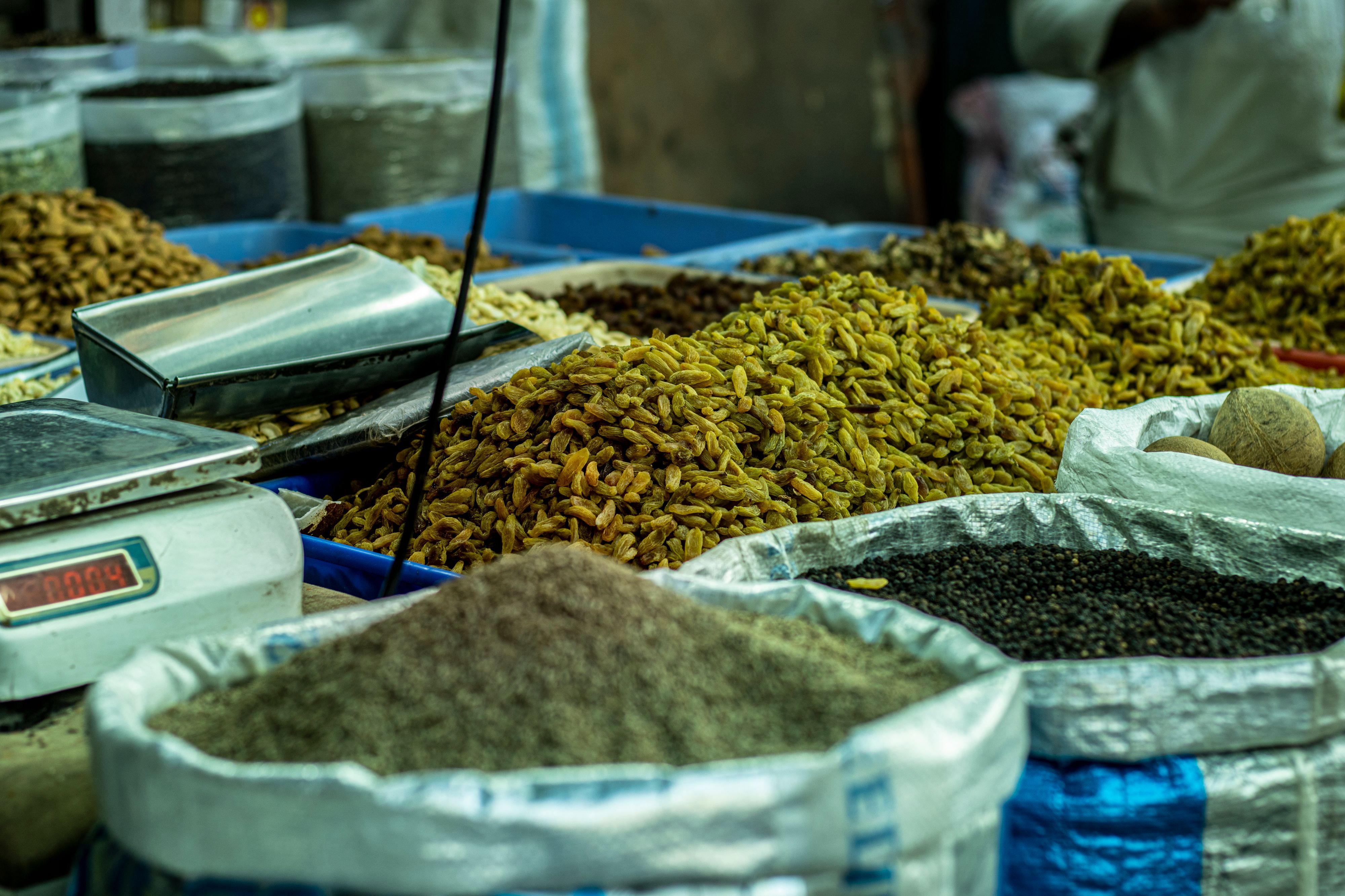 Sacks of spices and grains at a market